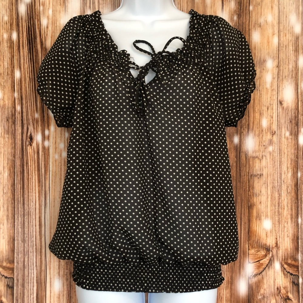 Downeast Basics Black and White Sheer Polka Dot Tie Front Top